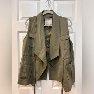 En Creme Olive Green Embroidered Utility Vest Sz L Gorpcore Boho Outdoors Hippie